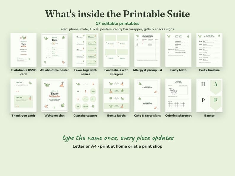 Everything included in the Roarsome Dino kids birthday party Printable Suite