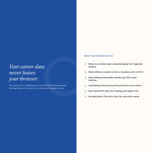 May include: A blue and white graphic with text. The text reads "Your career data never leaves your browser." Additional text lists features like offline use, private JSON file backups, and no subscription.