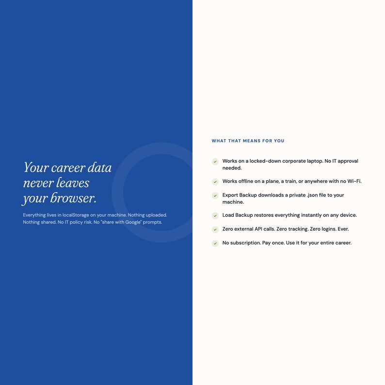 May include: A blue and white graphic with text. The text reads "Your career data never leaves your browser." Additional text lists features like offline use, private JSON file backups, and no subscription.