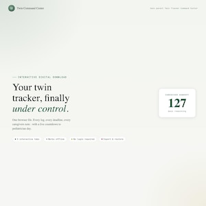 Twin newborn command center dashboard hero, side-by-side feeding log for two babies on one offline screen