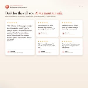 May include: A webpage layout with a cream background features customer testimonials. The headline reads "Built for the call you do not want to make." Testimonials include quotes and star ratings, with names and dates.