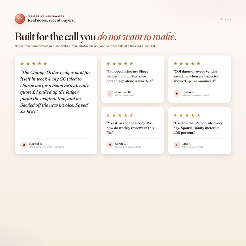 May include: A webpage layout with a cream background features customer testimonials. The headline reads "Built for the call you do not want to make." Testimonials include quotes and star ratings, with names and dates.