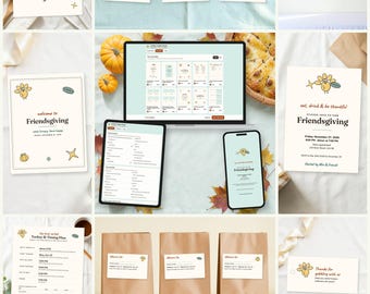 May include: A digital Friendsgiving printable bundle featuring editable templates for invitations, place cards, food labels, a turkey timing plan, and favor tags. The designs include a cartoon turkey, stars, and text on a cream background.