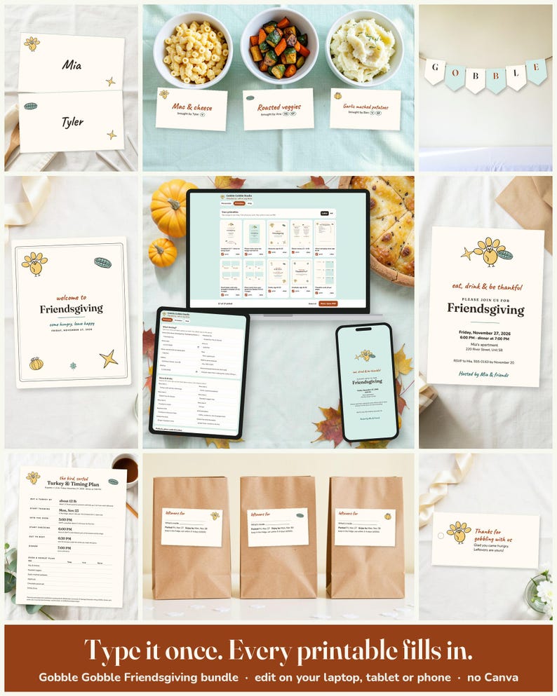 Gobble Gobble Friendsgiving Host Kit: edit on a laptop, tablet or phone, every printable fills in