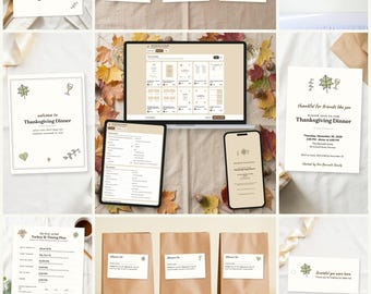 May include: A digital printable Thanksgiving bundle featuring editable templates for place cards, food labels, a banner, invitations, a turkey timing plan, and favor tags. The set includes minimalist leaf and wine glass illustrations in a neutral color palette.