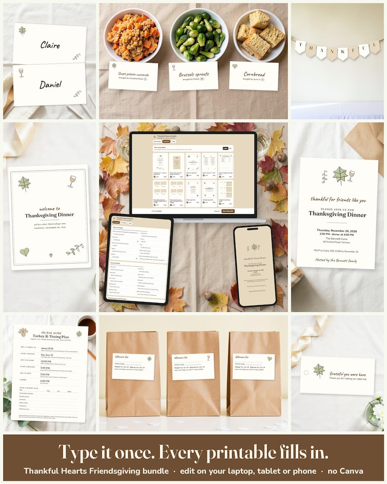 Thankful Hearts Friendsgiving Printable Suite: edit on a laptop, tablet or phone, every printable fills in