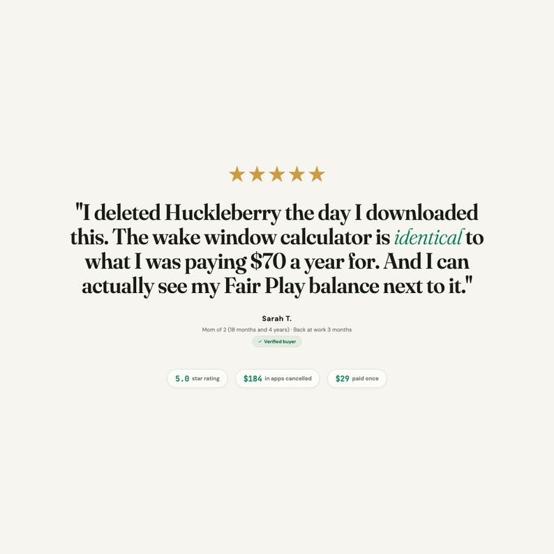 Op de afbeelding: Een lichtbeige afbeelding met tekst en gouden sterren. De tekst luidt: "Ik heb Huckleberry verwijderd op de dag dat ik dit downloadde. De wake window calculator is identiek aan wat ik betaalde..." en bevat een klantbeoordeling.