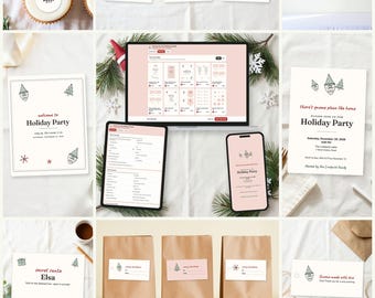 May include: A digital holiday party printable bundle featuring gnome-themed invitations, food labels, gift tags, and banners. The set includes editable templates for laptops, tablets, and phones, showcasing a cohesive design with gnomes, trees, and snowflakes.