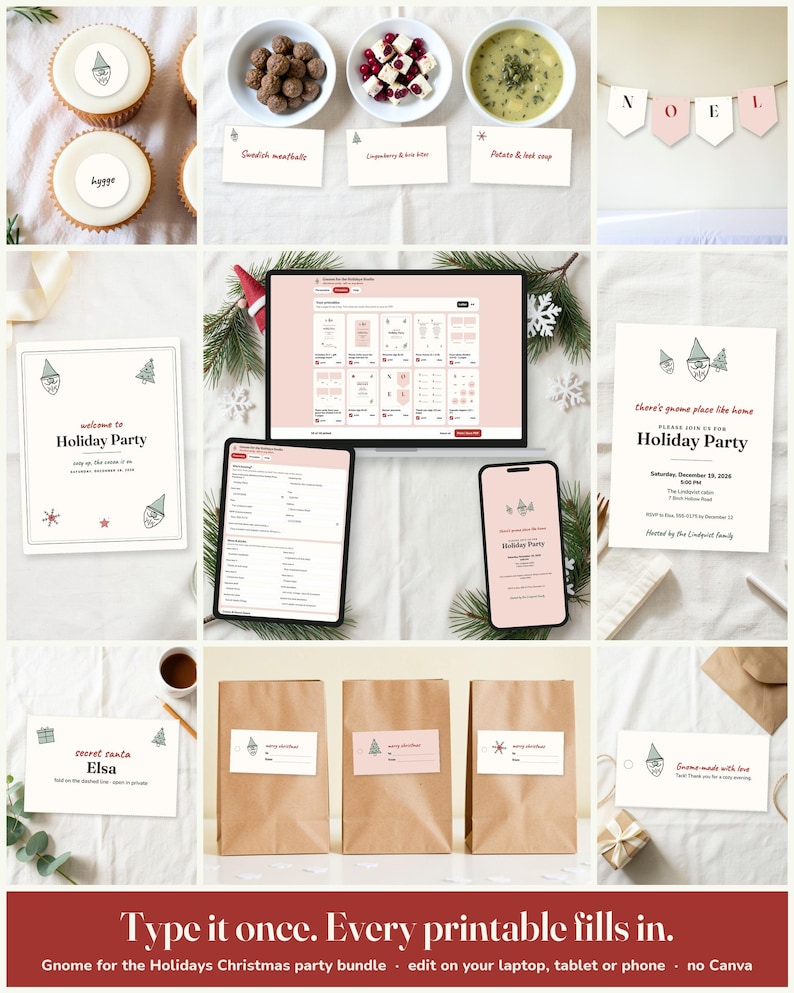 Gnome For The Holidays Christmas Party Printable Suite: edit on a laptop, tablet or phone, every printable fills in