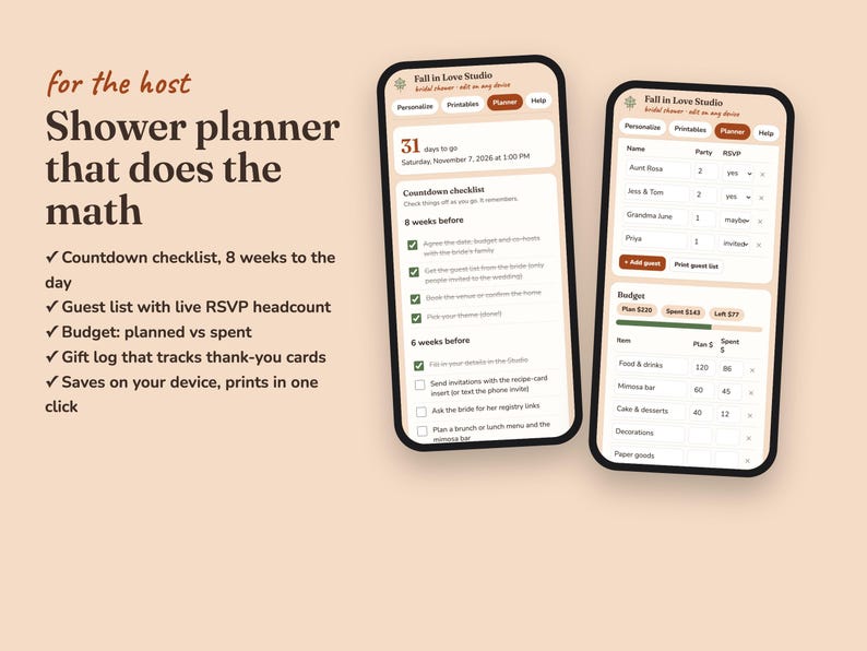 Fall In Love bridal shower planner with checklist, RSVPs, budget and gift log