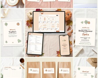 May include: A digital bridal shower stationery bundle featuring editable templates for invitations, recipe cards, thank you notes, and food labels, all decorated with small autumn-themed illustrations of leaves, pumpkins, and hearts.