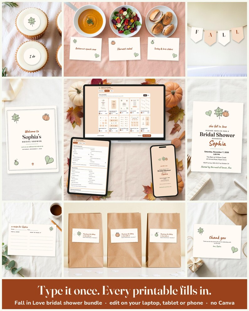 Fall In Love Bridal Shower Host Kit: edit on a laptop, tablet or phone, every printable fills in