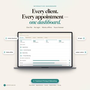 May include: An interactive dashboard interface displayed on a laptop screen, featuring the text 'Every client. Every appointment—one dashboard.' and 'ESTHETICIAN OS'. The UI includes tabs for Client Book, Appointments, Income, Retail & Menu, and Pricing.