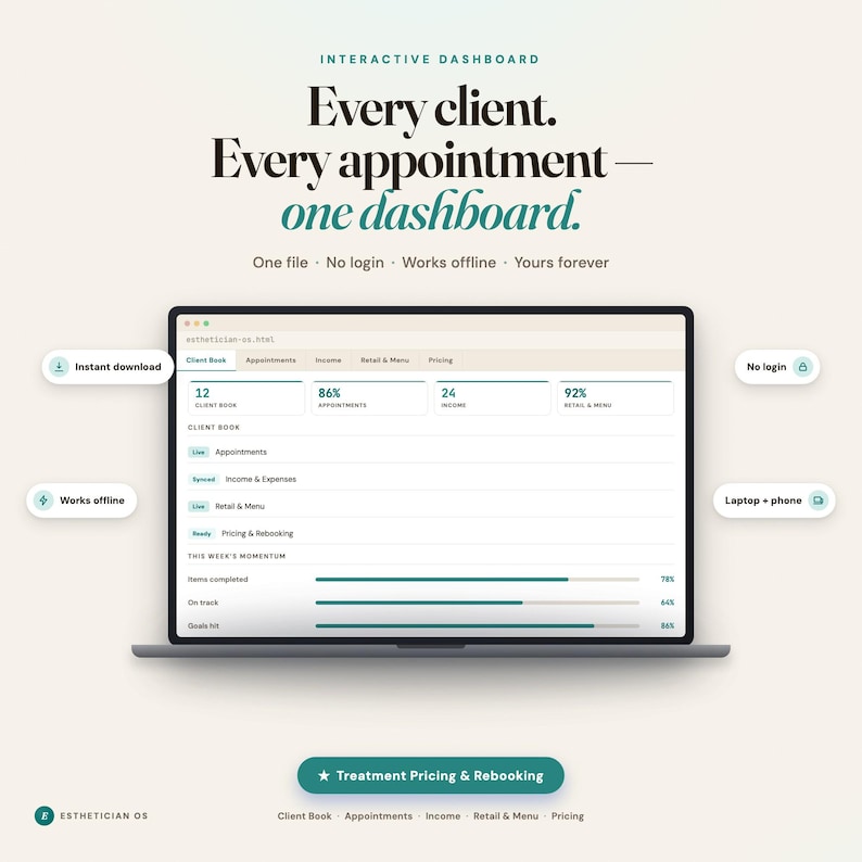 May include: An interactive dashboard interface displayed on a laptop screen, featuring the text 'Every client. Every appointment&mdash;one dashboard.' and 'ESTHETICIAN OS'. The UI includes tabs for Client Book, Appointments, Income, Retail & Menu, and Pricing.