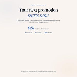 May include: A digital download advertisement with the text "Your next promotion starts now." The ad includes details about the product, such as "One file. Any browser. Everything autosaves." and "Lifetime access."