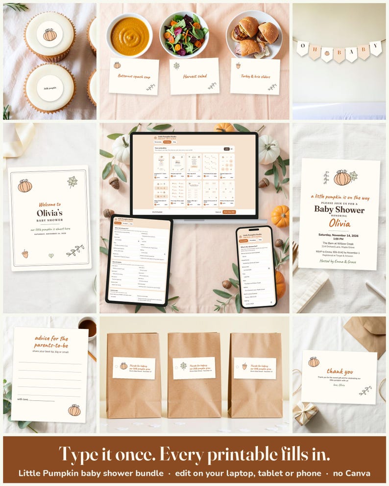 Little Pumpkin Baby Shower Printable Suite: edit on a laptop, tablet or phone, every printable fills in