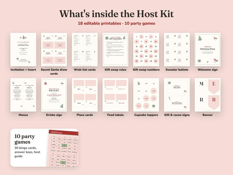 Everything included in the Bows And Boughs christmas party Host Kit