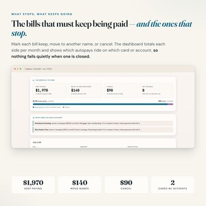 End of life planner bills tab: what keeps being paid, what stops, and autopays on each card