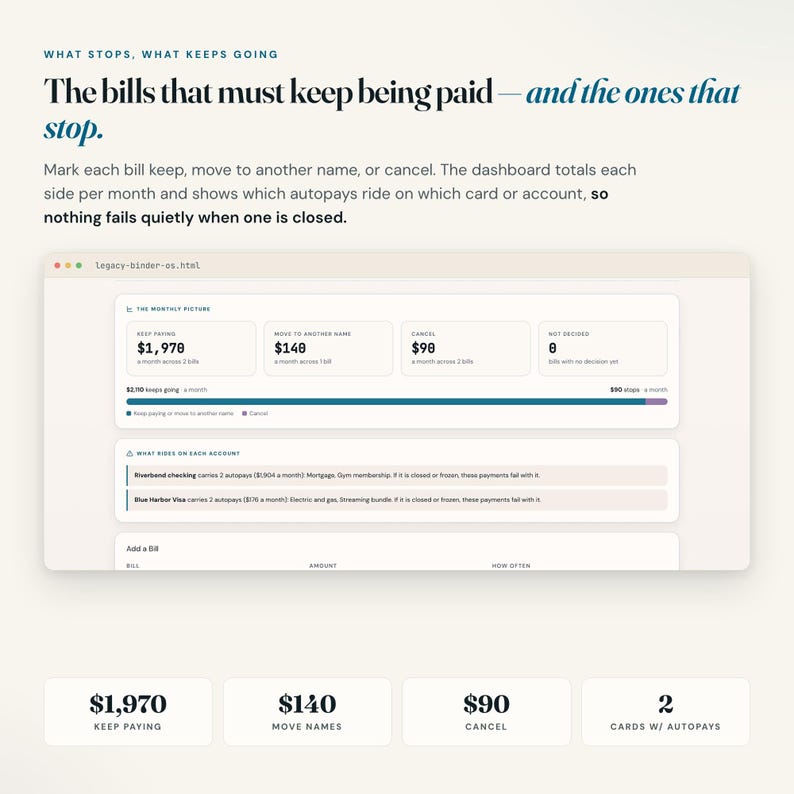 End of life planner bills tab: what keeps being paid, what stops, and autopays on each card