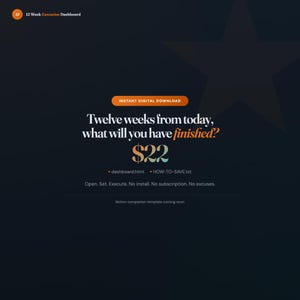 May include: Digital download graphic with the text "Twelve weeks from today, what will you have finished?" and the price &pound;17. The words "Instant Digital Download" are in an orange rectangle. The background is dark blue with a star.
