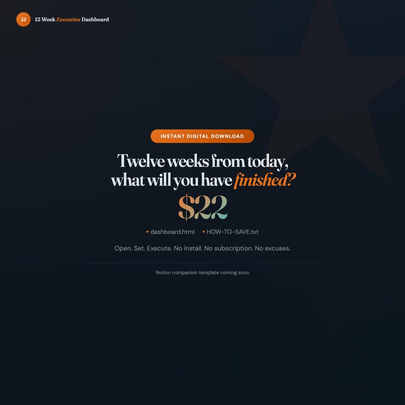 May include: Digital download graphic with the text "Twelve weeks from today, what will you have finished?" and the price &pound;17. The words "Instant Digital Download" are in an orange rectangle. The background is dark blue with a star.
