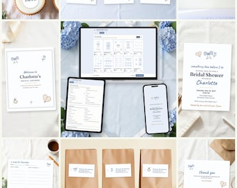 May include: A bridal shower printable bundle featuring a welcome sign, invitations, recipe cards, thank you notes, and favor bag labels. The stationery set includes blue bow, heart, and ring illustrations with text for Charlotte's event.