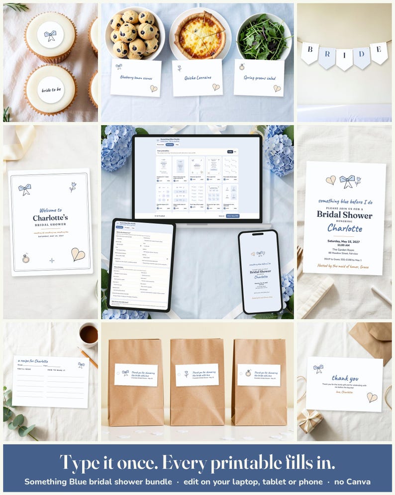 Something Blue Bridal Shower Printable Suite: edit on a laptop, tablet or phone, every printable fills in