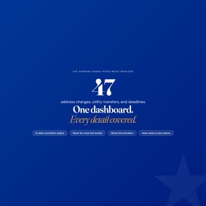 May include: A deep blue digital dashboard interface featuring the text: The average cross-state move involves 47 address changes, utility transfers, and deadlines. One dashboard. Every detail covered. Includes buttons for 8-week countdown engine, room-by-room box tracker, mover bid calculator, and auto-saves to your device.