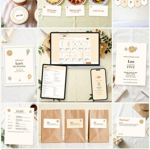 May include: A digital party decoration bundle featuring printable templates for a 5th birthday, including cupcake toppers, food labels, a banner, invitations, party math sheets, favour bag tags, and thank you cards, displayed on a laptop, tablet, and phone.