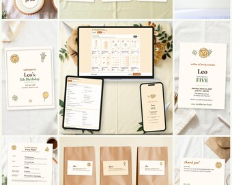 Puede incluir: Un paquete de decoración de fiesta digital con plantillas imprimibles para un 5º cumpleaños, que incluye adornos para cupcakes, etiquetas de comida, banderines, invitaciones, hojas de cálculo, etiquetas para bolsas de regalo y tarjetas de agradecimiento.