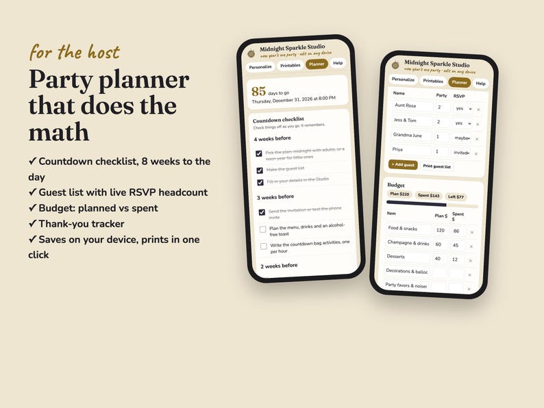 Midnight Sparkle new year s eve party planner with checklist, RSVPs, budget and gift log