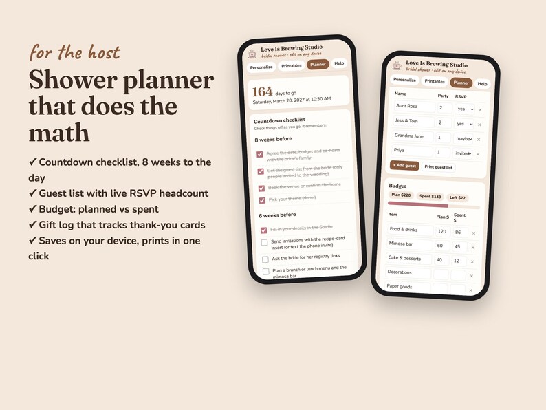 Love Is Brewing bridal shower planner with checklist, RSVPs, budget and gift log