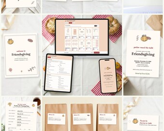 May include: A digital Friendsgiving printable bundle featuring editable templates for invitations, place cards, food labels, a turkey timing plan, and favor tags. The set includes a banner, all decorated with autumn-themed pumpkin and leaf illustrations.