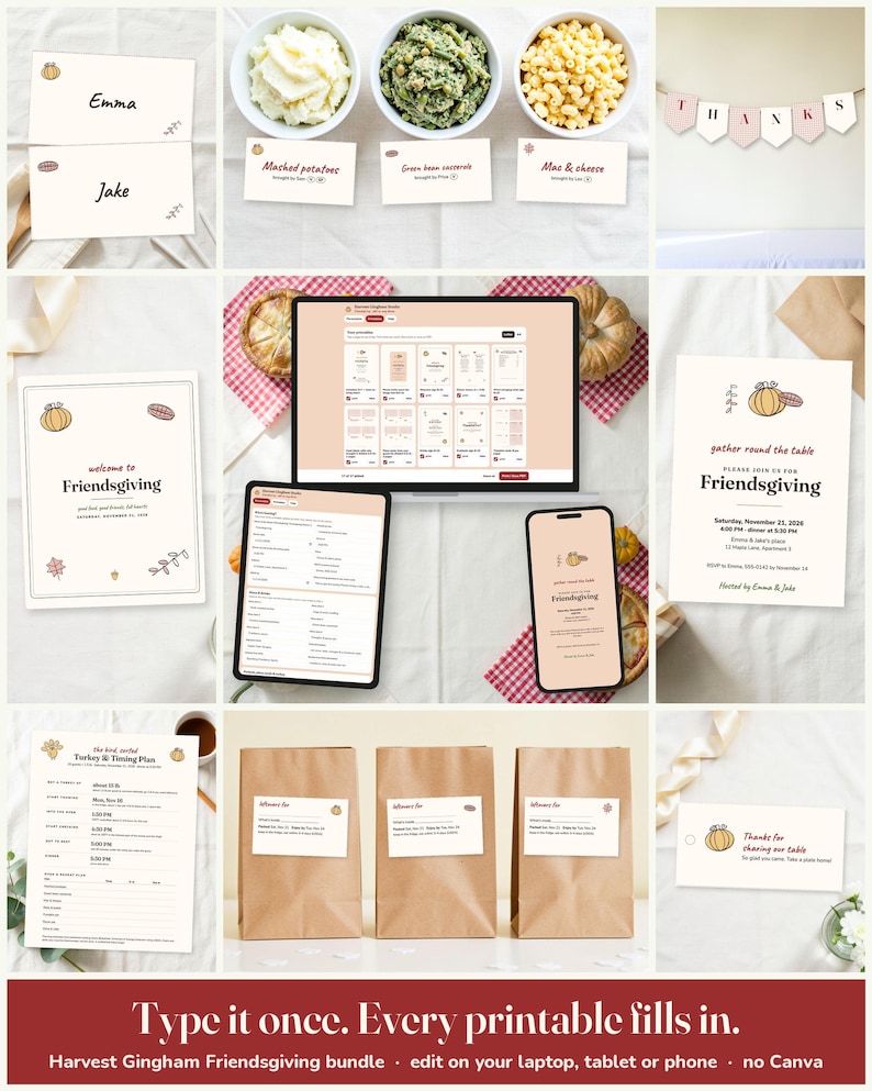 Harvest Gingham Friendsgiving Everything Kit: edit on a laptop, tablet or phone, every printable fills in