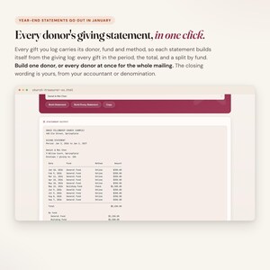 Church treasurer dashboard building a year-end giving statement for one donor from the tithe tracker log