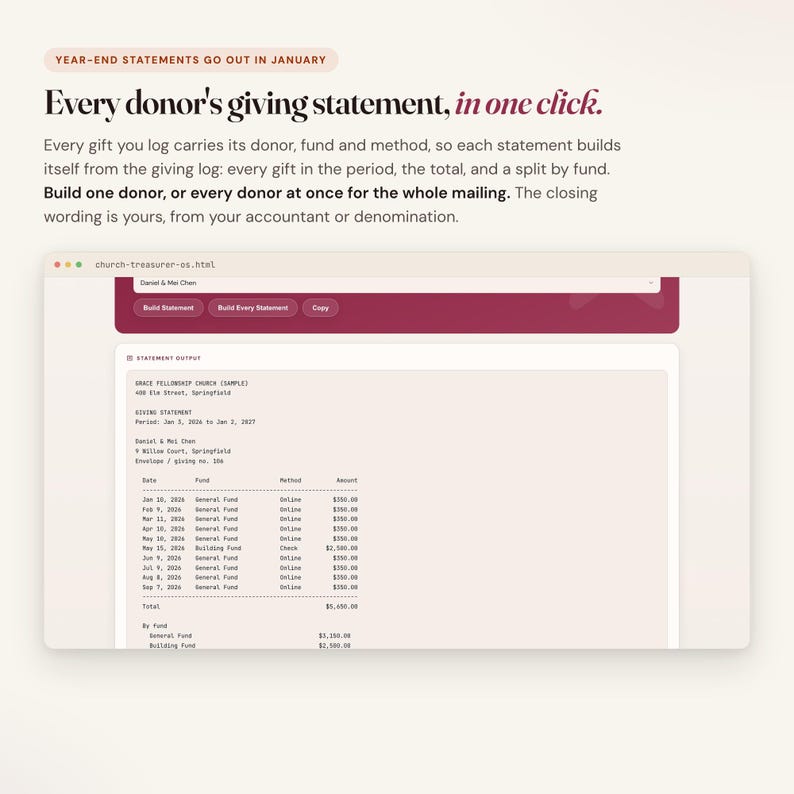 Church treasurer dashboard building a year-end giving statement for one donor from the tithe tracker log