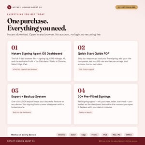 May include: A digital product information page for Notary Signing Agent OS. It lists four components: a dashboard, a quick start guide, an export and backup system, and 30 plus pre-filled signings. The layout features dark text on a light background.