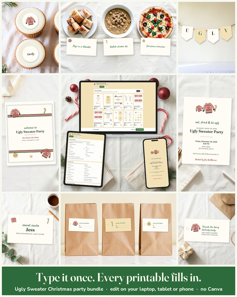 Ugly Sweater Christmas Party Printable Suite: edit on a laptop, tablet or phone, every printable fills in