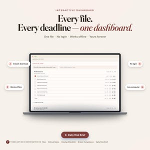 Transaction Coordinator Dashboard | Real Estate Contract Deadline Tracker Closing Checklist Digital Download