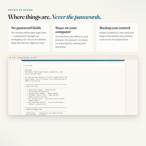 Private end of life planner with no password fields and a one click start here page for family