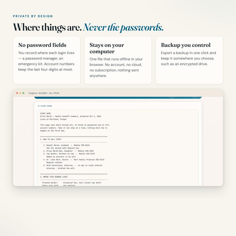 Private end of life planner with no password fields and a one click start here page for family