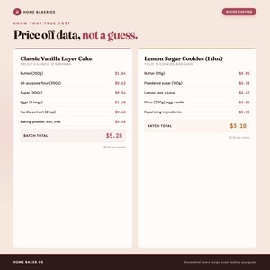 May include: A digital interface titled Home Baker OS displaying recipe costing data. Two white columns show ingredient lists and costs for a Classic Vanilla Layer Cake and Lemon Sugar Cookies, with batch totals of $5.28 and $3.10 respectively.