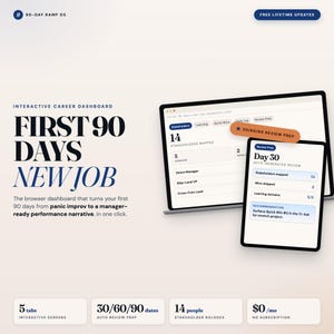 May include: A digital career dashboard with the text "First 90 Days New Job." The image shows a laptop and tablet displaying interactive screens, including "30/60/90 Review Prep" and "Day 30 Auto-Generated Review." The dashboard helps manage the first 90 days of a new job.