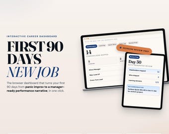 New Job First 90 Days Dashboard, Career Onboarding OS, Stakeholder Map, Quick Wins (Interactive)