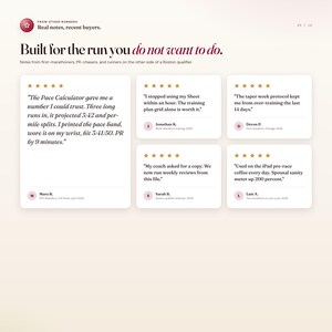 K&ouml;nnte beinhalten: Webseite mit Kundenbewertungen f&uuml;r ein Laufprodukt. Die &Uuml;berschrift lautet: &bdquo;Built for the run you do not want to do.&ldquo; Die Seite zeigt Kundenrezensionen mit Sternebewertungen und Zitaten &uuml;ber die Wirksamkeit des Produkts f&uuml;r Marathonl&auml;ufer und L&auml;ufer.