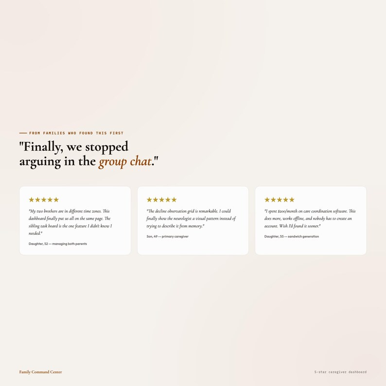May include: A webpage with the text "Finally, we stopped arguing in the group chat." and customer testimonials. The testimonials are in white boxes with five-star ratings and quotes from users about the product's benefits.