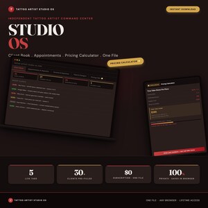 Tattoo Artist Studio OS, Client Book, Appointment , Deposit Tracker, Flash Library + Pricing & Take-Home Calculator, One File image 1