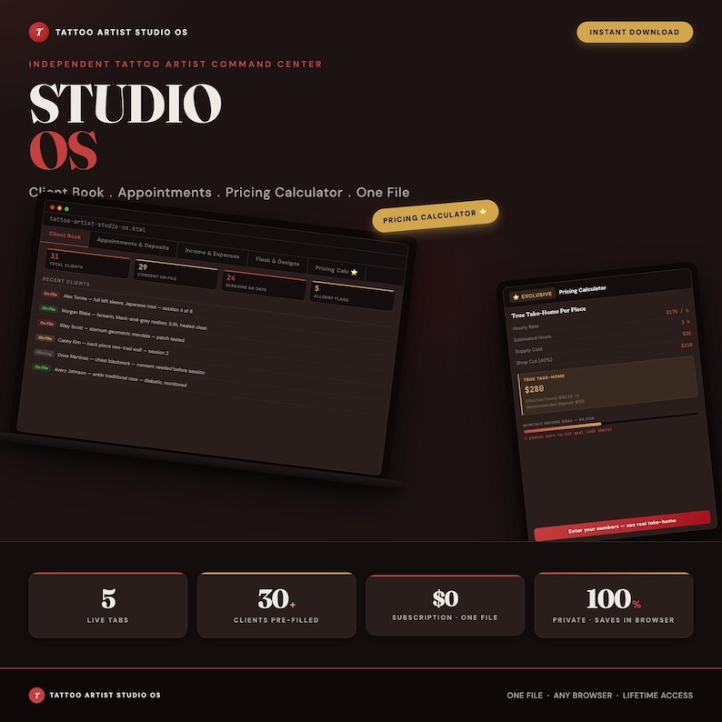 Tattoo Artist Studio OS, Client Book, Appointment , Deposit Tracker, Flash Library + Pricing & Take-Home Calculator, One File image 1