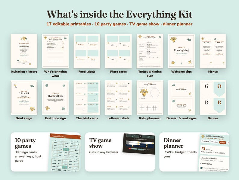 Everything included in the Gobble Gobble friendsgiving Everything Kit
