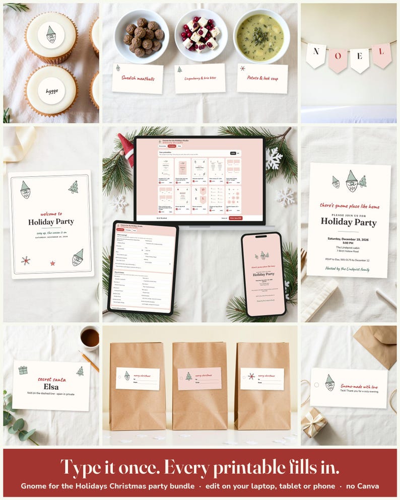 Gnome For The Holidays Christmas Party Host Kit: edit on a laptop, tablet or phone, every printable fills in